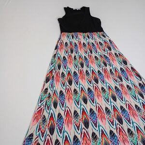 The Vanity Room Black and Multicolor Feather Maxi Dress With Open Back Size S
